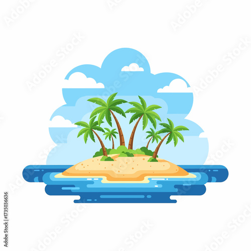 Vibrant flat design illustration of a tropical island. Features lush palm trees on a sandy beach surrounded by clear blue ocean under a sunny sky