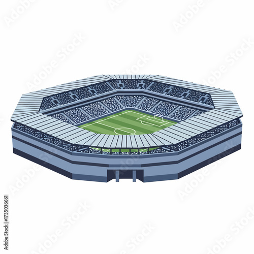 A detailed isometric illustration of a modern football stadium with a green pitch and filled seating