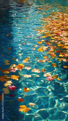 Autumn Leaves Floating on Turquoise Water - Serene Ripples and Reflections.