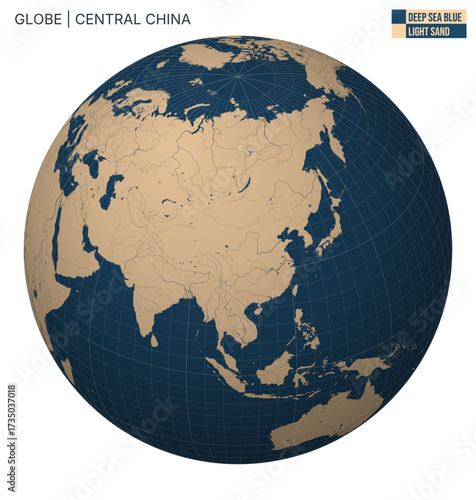 Vector Globe centered to Central China. Deep Sea Blue Light Sand palette. World map with meridians, parallels, countries, rivers and lakes. Modern vector illustration.