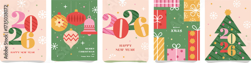 Festive 2026 New Year greeting cards with modern designs, showcasing stylized numbers, colorful ornaments, gift boxes, and snowflakes, perfect for holiday season celebrations