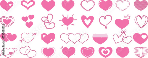 A diverse array of charming pink heart illustrations, showcasing various styles from outlines to solid forms, ideal for conveying affection, passion, and warmth in creative designs and romantic themes