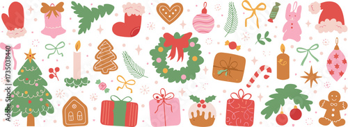 Charming set of festive Christmas holiday illustrations and decorative elements, perfect for seasonal design projects, winter greeting cards, and cheerful celebration backgrounds