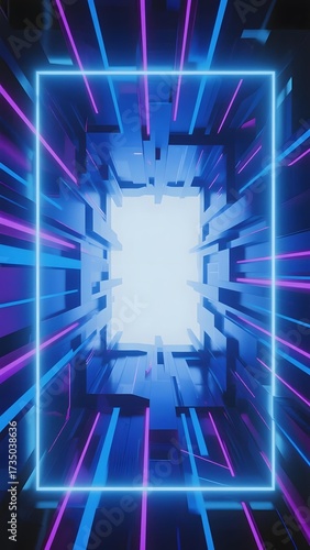 Neon-lit futuristic tunnel with glowing blue and purple lines converging toward a bright light at the center.