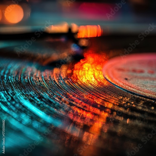 Vibrant Neon Reflections on Vinyl Record Grooves, Capturing Musics Energy.