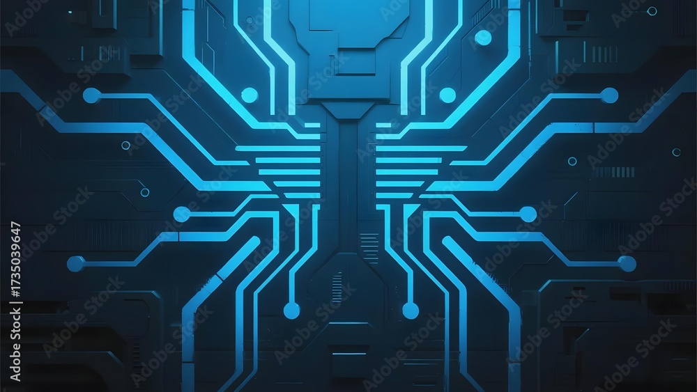 Obraz premium Abstract digital circuit board with glowing blue pathways on a dark background