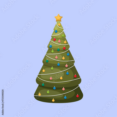 Festive green Christmas tree adorned with colorful baubles and a glowing star, perfect for holiday celebrations