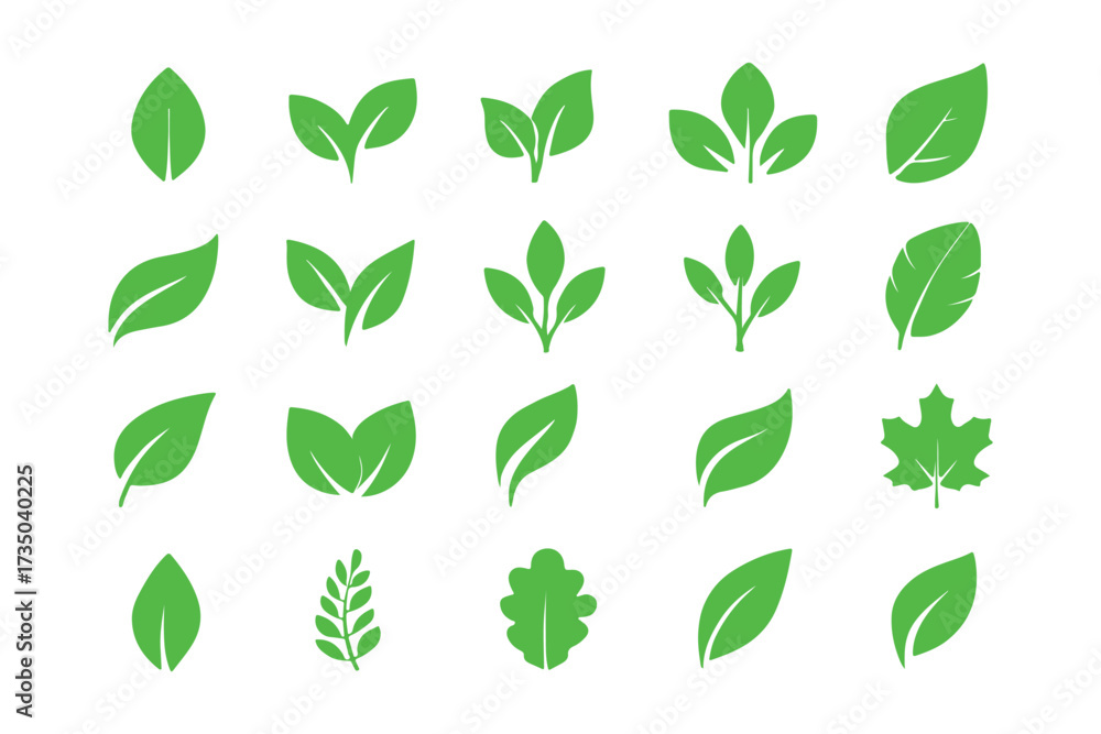 Naklejka premium Set of green leaf icons. Leaves of trees and plants. Leaves icon. Collection green leaf. Elements design for natural, eco, bio, vegan labels. Vector illustration.