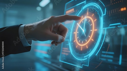 Hand interacting with futuristic holographic clock interface in a high-tech environment