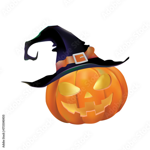 Spooky Halloween Pumpkin Wearing a Witch Hat with a Glowing Face for a Festive Autumn Holiday Celebration