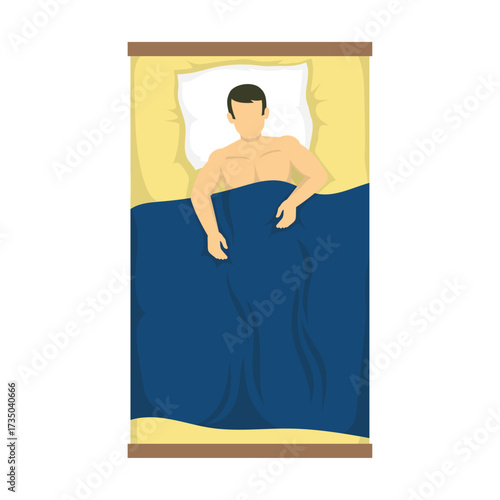 Overhead view of a man sleeping peacefully in a bed covered with a dark blue blanket