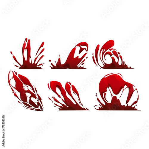 Collection of Six Red Splashes and Droplets Representing Liquid or Fluid Motion