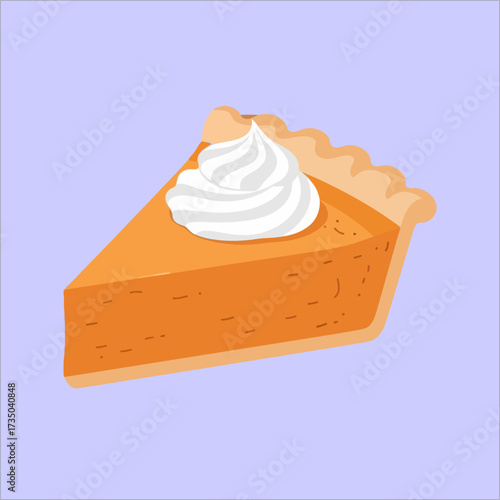A delicious slice of pumpkin pie topped with a swirl of white whipped cream, presented on a light purple background, perfect for holidays.