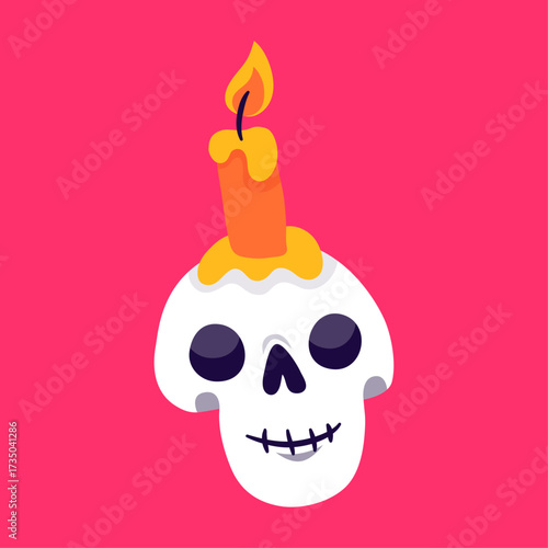 Spooky Halloween Skull with Candle Illustration - Festive and Creepy Graphic for Dia de los Muertos Celebrations