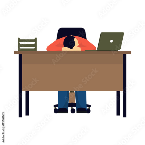 Frustrated office worker slumped over desk with head in hands, overwhelmed by work and deadlines