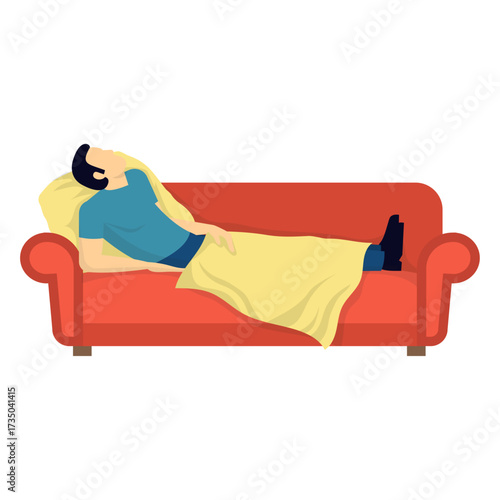 Man resting on a sofa, covered with a blanket, relaxing indoors during the day, peaceful slumber