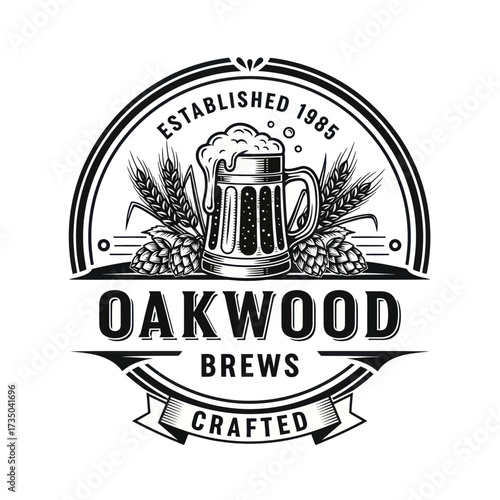 A vintage, monochrome emblem for Oakwood Brews, featuring a foamy beer mug surrounded by hops and barley, established in 1985.