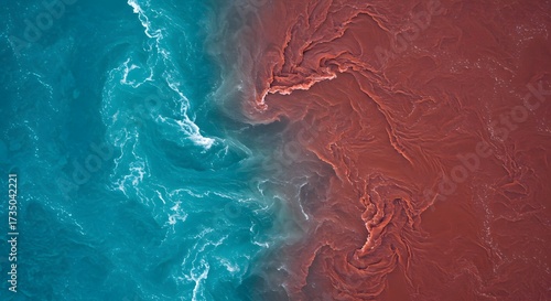 Powerful cinematic aerial shot of two distinct rivers clear blue and rich reddish converging in complex, swirling patterns to form a single, massive, powerful river.