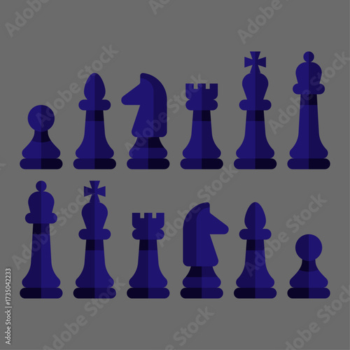 Illustration of chess pieces in a flat design style on a solid gray background, representing strategy and gameplay