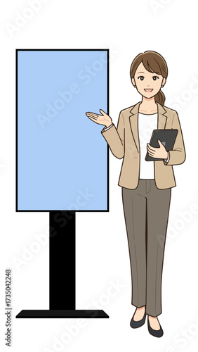 モニターの説明をする女性のイラスト