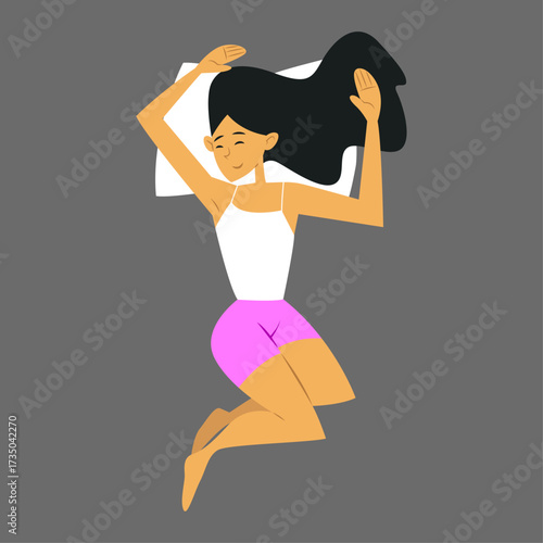 Illustration of a young woman sleeping peacefully on her back on a grey background