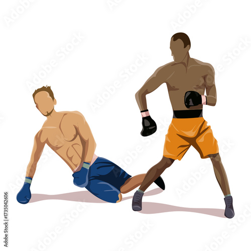 Two boxers in ring one knocked down boxer and other standing celebrating win over opponent