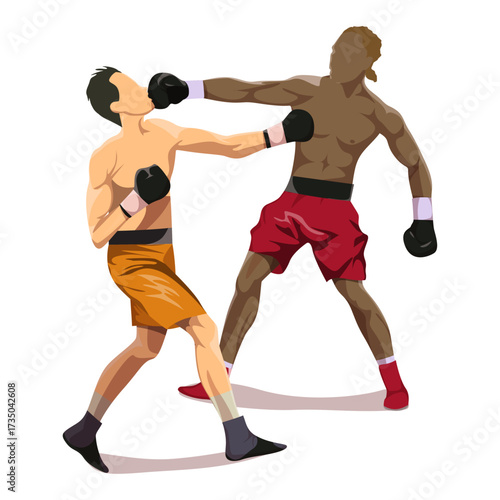 Two boxers engaged in a fierce match, one throwing a powerful punch towards his opponent in a sporting competition