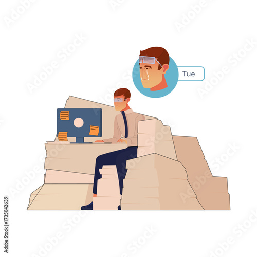 Overworked employee at desk buried under a mountain of paperwork, looking stressed and tearful