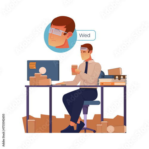 Young man sitting at desk with computer and coffee, feeling unwell with thermometer in mouth