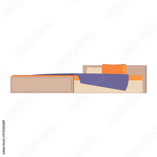 Top view of a neatly made bed with a purple blanket and an orange pillow on a white background
