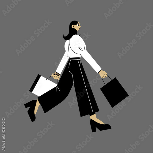 Stylish woman with shopping bags in a dynamic pose, conveying modern fashion and consumerism