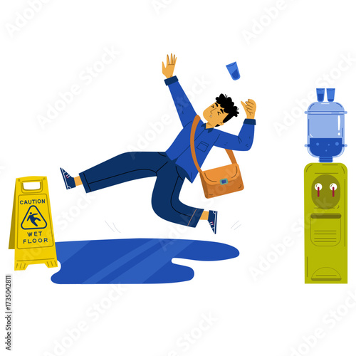 Man slipping on wet floor near water cooler and caution sign, cartoon illustration