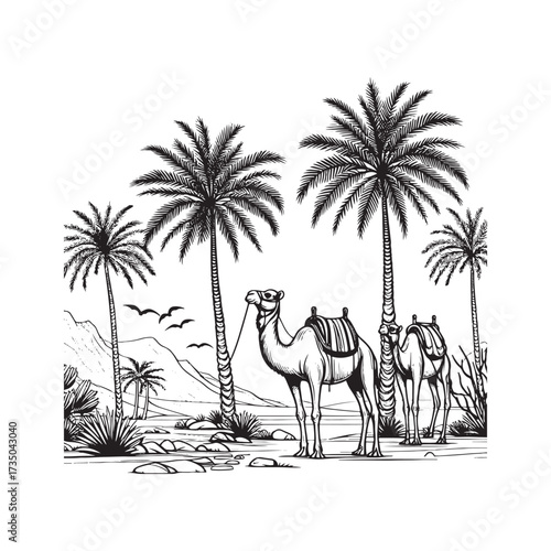 Desert Scene with Camel and Palm Tree