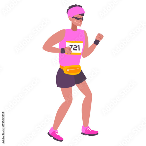 Fit runner with bib number in bright sportswear participates in a race event