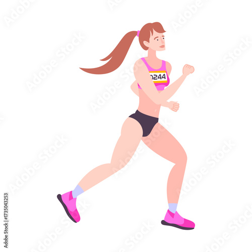 Athletic woman running in a race, participating in a marathon event, training for a competition