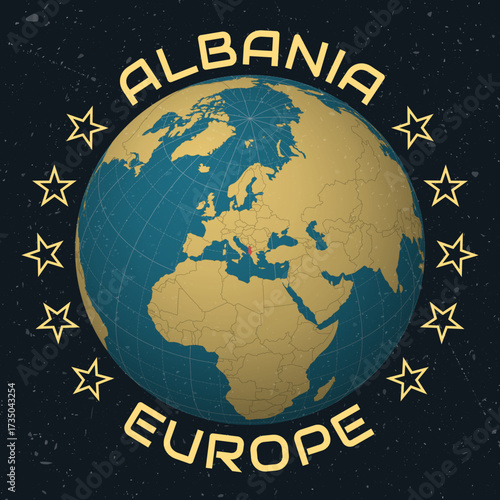 Albania on Globe. Country name round text. Vintage look with grunge scratched texture. Country view on world map in Sky Blue Light Yellow color palette. Albania shape on map.