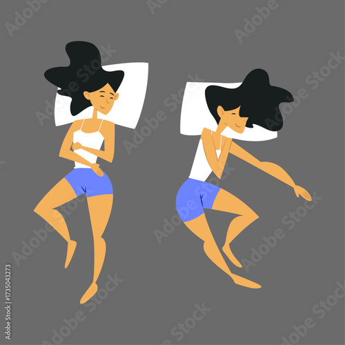 Two women sleeping in comfortable positions on their beds, illustration
