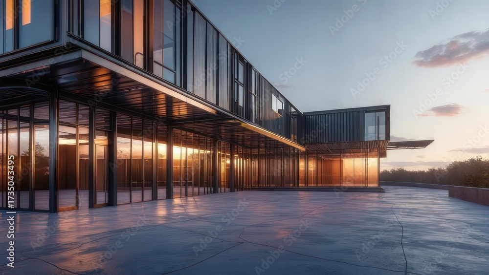 Obraz premium Stunning modern home with glass walls reflecting the sunset, offering a luxurious architectural design for upscale living and inspiring real estate concepts