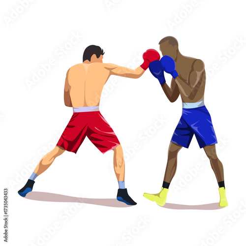 Two boxers sparring in red and blue shorts, demonstrating athletic prowess and combat training