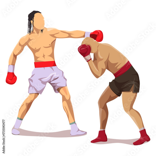 Two boxers in a ring throwing punches, one boxer lands a hit on the other, boxing match illustration