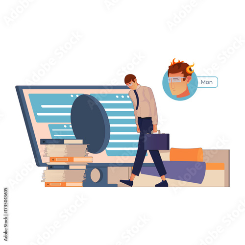 Business Executive Feeling Overwhelmed and Stressed While Working Late on a Computer, Illustration