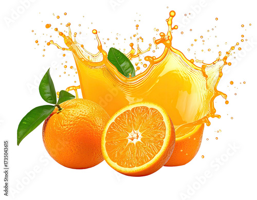 Fresh oranges with splash of juice, green leaves, on a black background