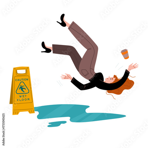 Woman slipping on a wet floor caution sign accident in office or home illustration