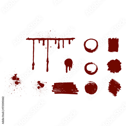 Collection of graphic elements in various blood splatter and brush stroke designs for creative projects