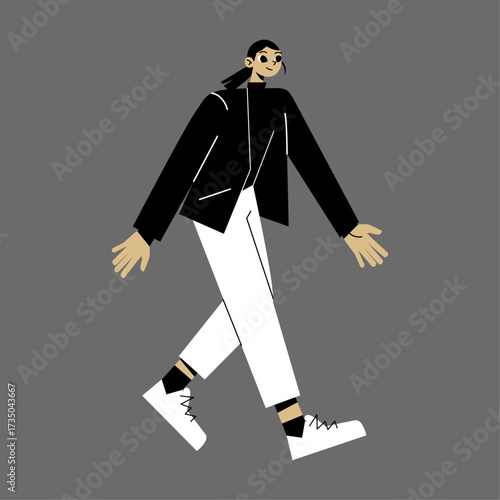 Stylish woman walking confidently in white pants and black jacket, vector illustration