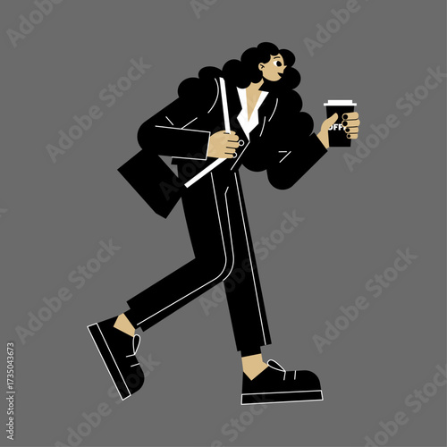 A modern woman in a black suit walks with a takeaway coffee cup and a shoulder bag, symbolizing professional life