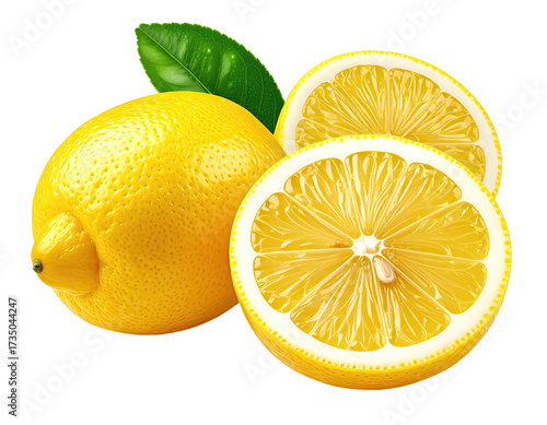 Whole lemon next to a half-sliced lemon with green leaves, isolated on black