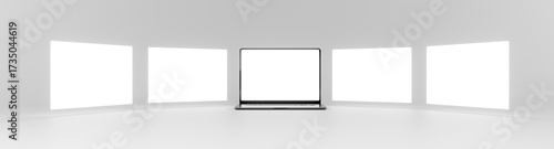 Sequence of five laptop screens with the computer in the center and floating screens on the sides in a white background. Blank template for your website design Ready for mockup. High resolution render