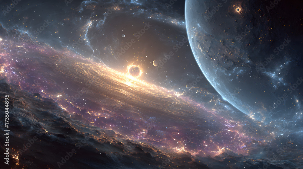 Obraz premium Abstract Celestial Alignment: Glowing Planets and Cosmic Energy in Dark Space