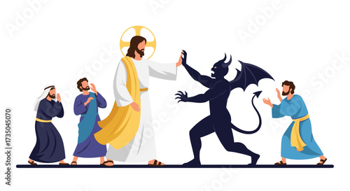 Jesus confronting the devil with his followers watching him triumph.